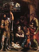 La nativite de l'enfant jesus avec l'adoration des bergers entre Saint Jean l'Evangeliste et Saint Longin